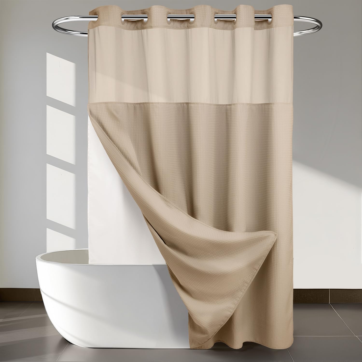 River Dream Heavyweight No Hooks Required Dotted Waffle Weave Shower Curtain with Snap in Liner - 71W x 74H,Hotel Grade,Spa Like Bath Curtain,LinenOEKO-TEX STANDARD 100