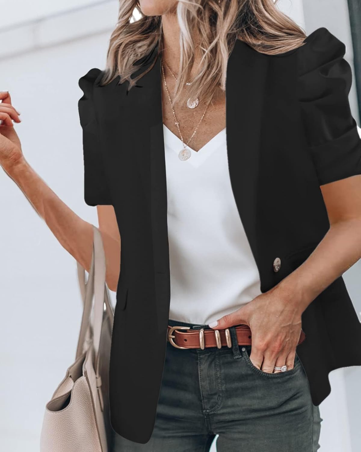 Women's Summer Blazers Casual Short Puff Sleeve Open Front Office Blazers Bussiness Jackets Work Suit - Image 2