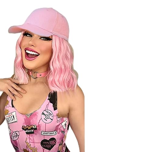Sombrero con extensiones de cabello ondulado natural adjuntas para mujer, gorra de béisbol, peluca corta rosa claro, peinado Bob ajustable (rosa)