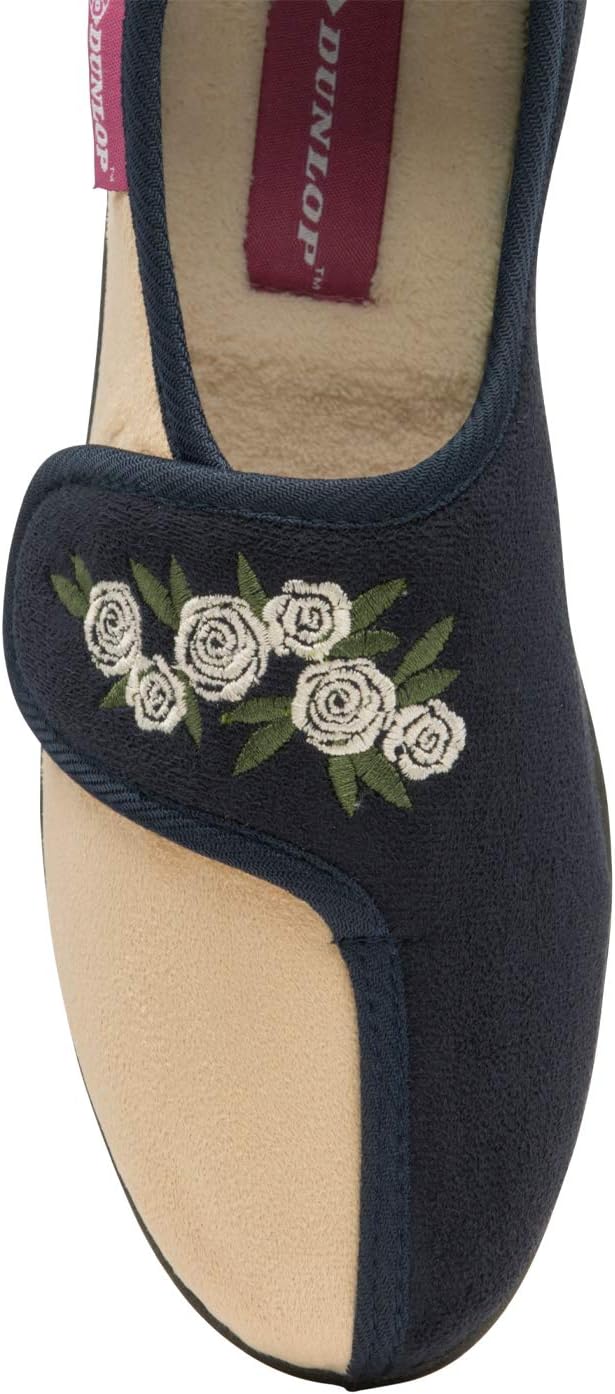 Dunlop - Womens Memory Foam Adjustable Velcro Strap Slippers for Swollen Feet (6 US, Navy Cream)