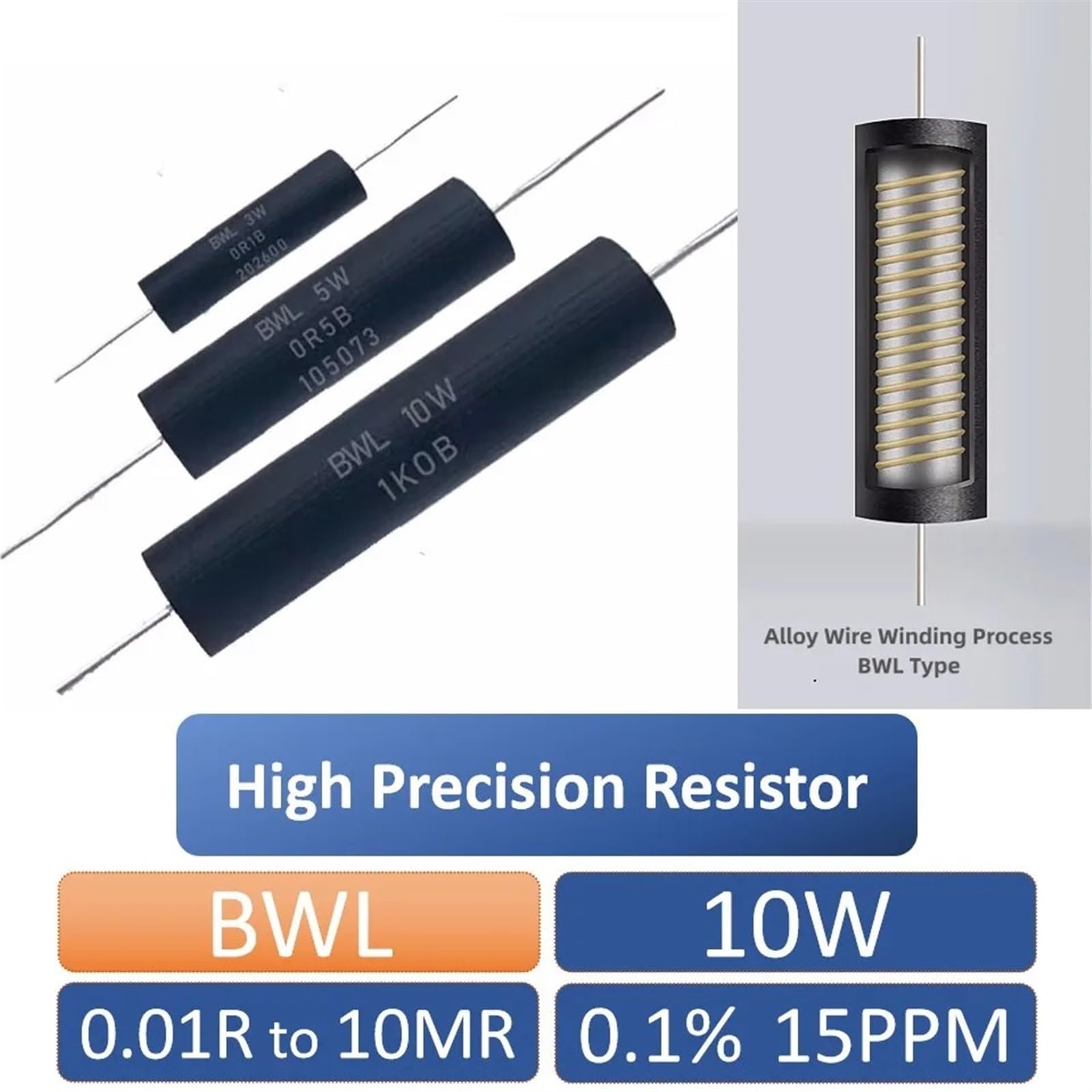 2 uds 10W EE BWL resistencia de alta precisión 0.1% coeficiente de baja temperatura muestreo de deriva no inductivo 5R 3MR 0.01R a 10MR 15PPM(2pcs 10W10KR BWL)