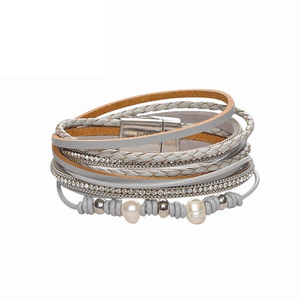 Lederarmband für Frauen, Mehrschicht-Retro-Leder-Lederarmband graues Süßwasserperlenarmband Magnet Schnalle Armband Ladies Armband Doppelring Mehrschichtige Armband Personalisierte Kleidungszubehör J.