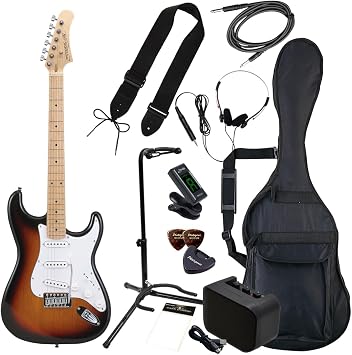 PhotoGenic ST-180M/SB Electric Guitar, Beginner Set, Beginner Set, Stratocaster Type, Sunburst Maple Fingerboard + Guitar Stand Included