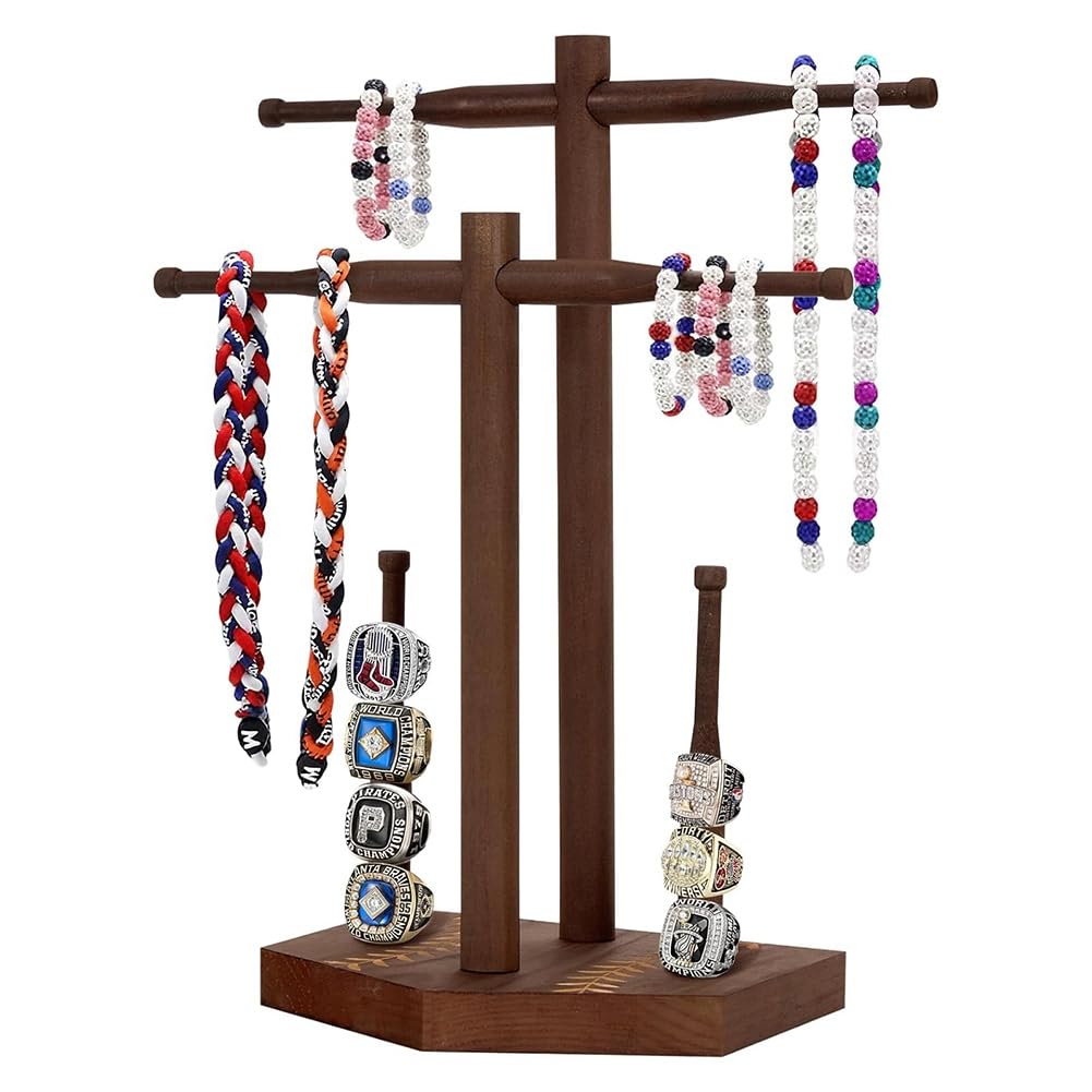 Hndhbfgrt Wooden Two-Layer Basebal Drop Necklace Organizer, Softball Organizer Holder, Championship Ring Display Stand Drip