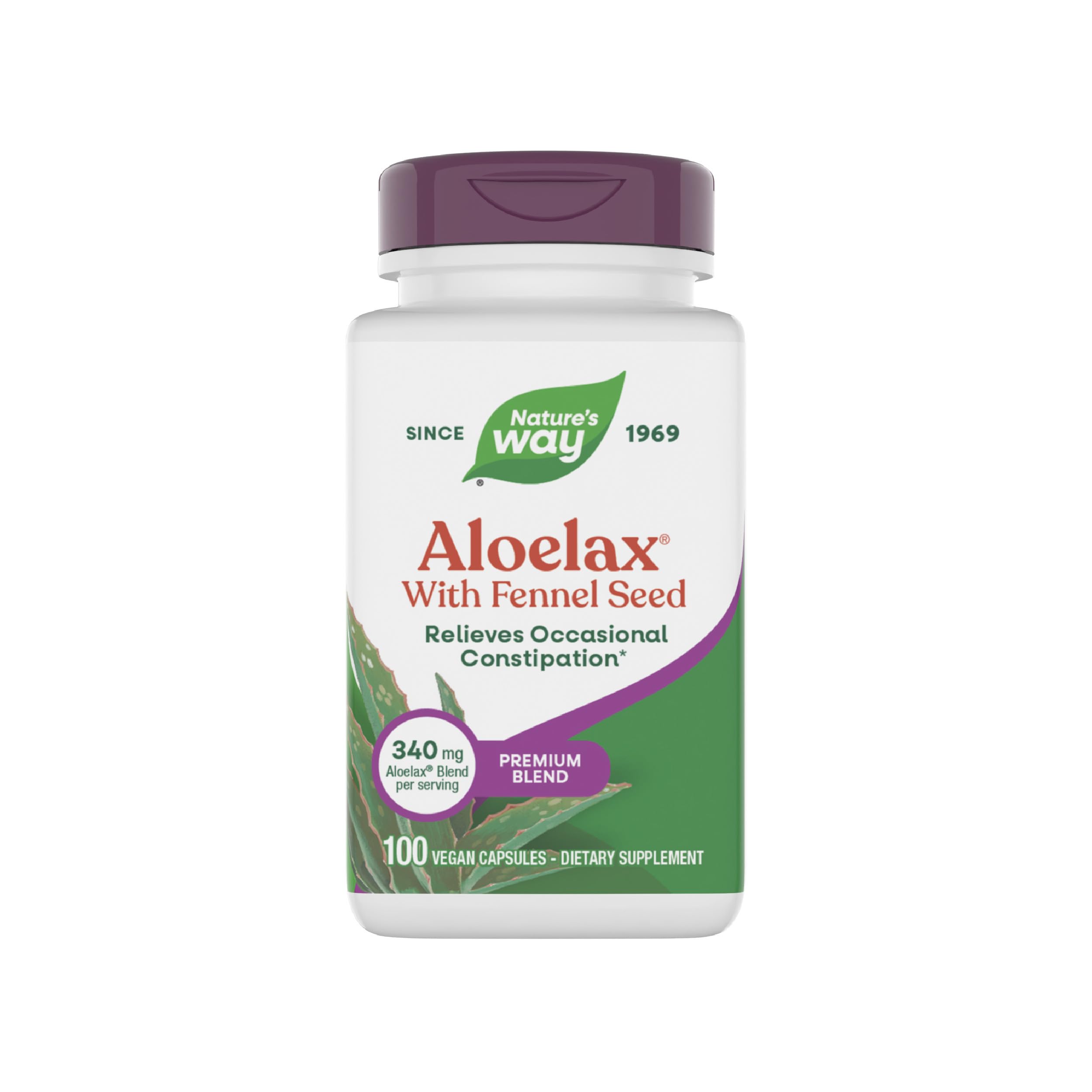 Nature's Way Aloelax, Premium Blend, with Fennel Seed, Relieves Occasional Constipation*, 340 mg, Gluten Free, Vegan, Occasional Constipation Relief*, 100 Capsules (Packaging May Vary)