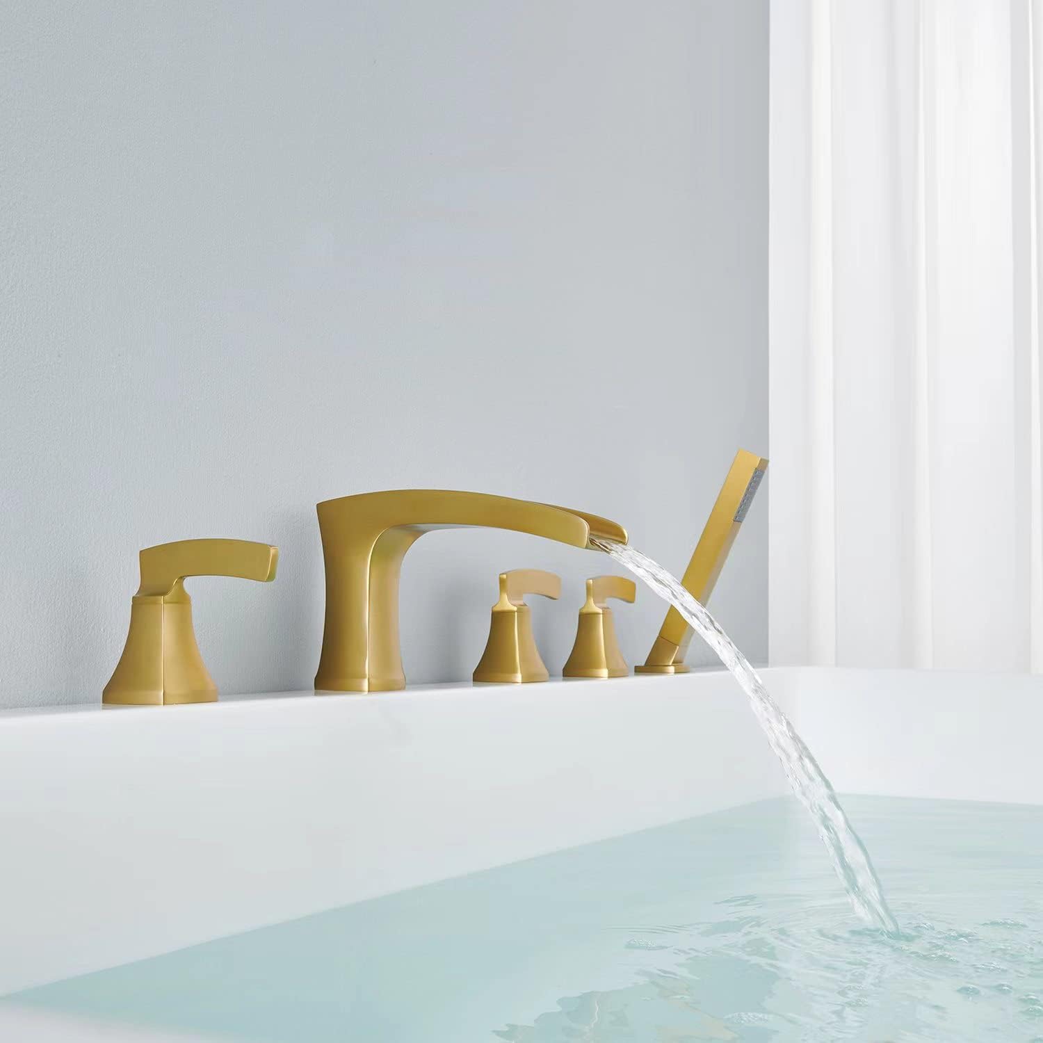 Roman Tub Faucet Waterfall Tub Filler Brushed Gold Deck Mount Bathtub Faucets 5 Hole Brass Bathroom Faucets with Hand Shower