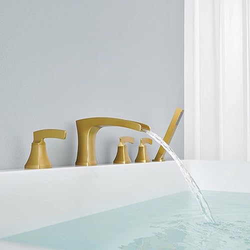 Miniatura 3 de Grifo de bañera romana, relleno de bañera de cascada de oro cepillado, grifos de baño de latón de 5 agujeros con ducha de mano