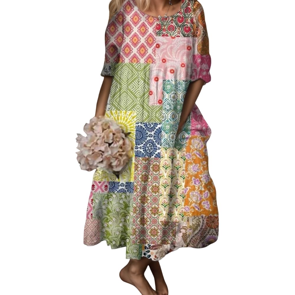 Womens Oversized Cute Short Sleeve Flower Floral Maxi Dresses Summer Casual Crew Neck Empire Waist Long Flowy Dress