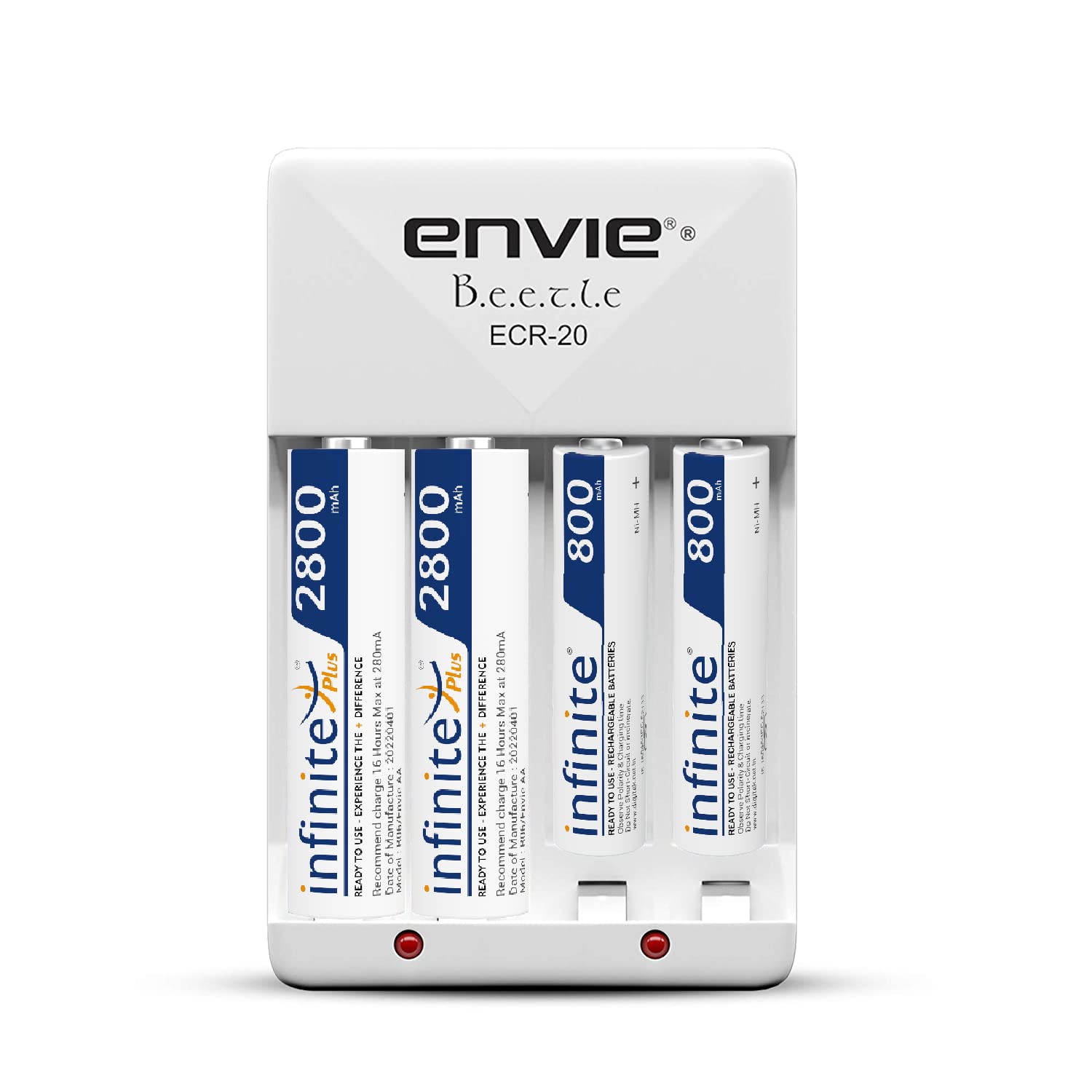 ENVIE® (ECR2028008002PL) Beetle High Speed Wall Plug Charger ECR 20 for AA & AAA Ni-mh/Ni-cd Rechargeable Batteries with 2 xAA2800 & 2xAAA800 Infinite Plus Rechargeable Batteries & LED Indicator