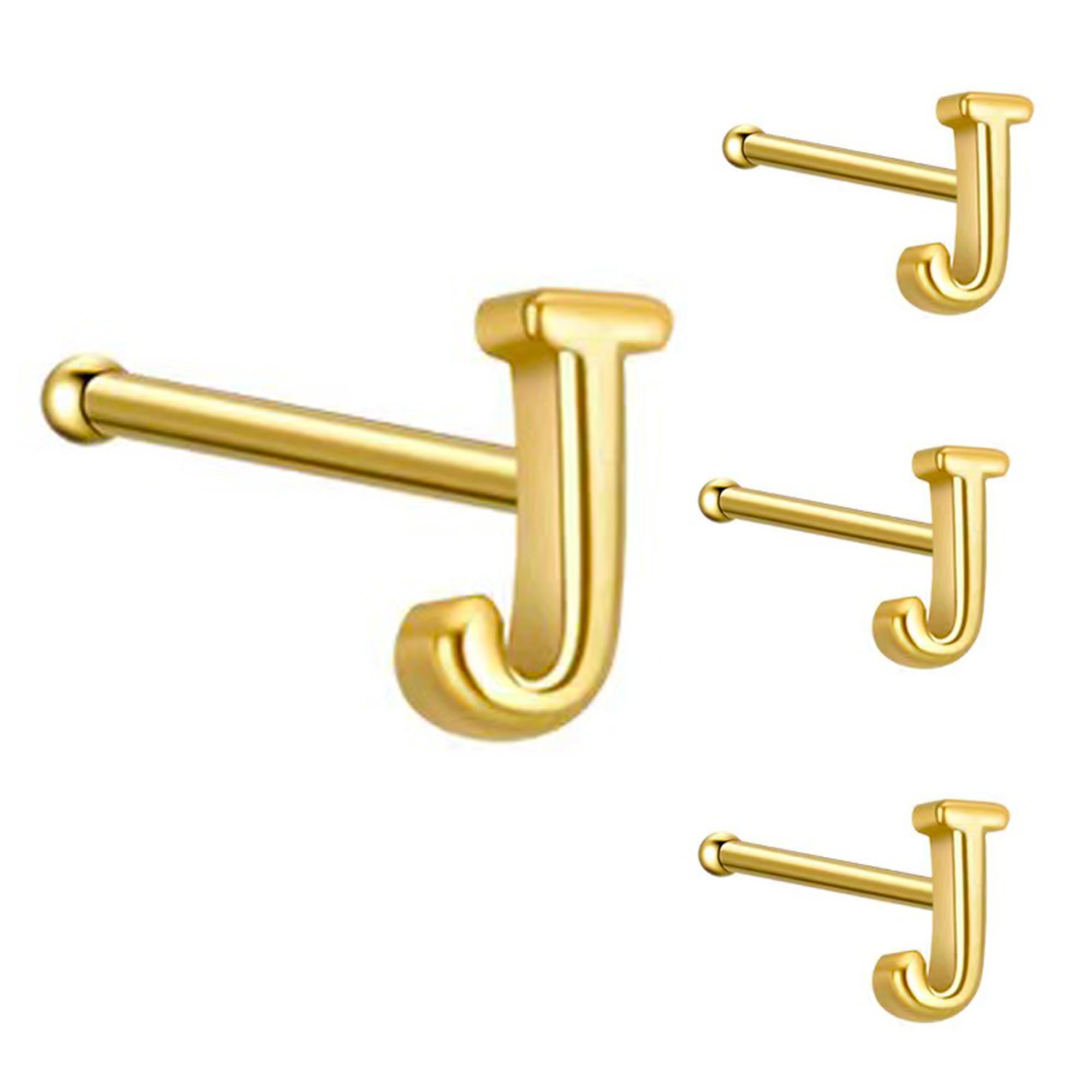 925 Sterling Silver 26 Initial Letter Shape Nose Studs 18K Gold Plated Small Bone Pin Piercing Body Jewelry Hypoallergenic Straight Nose Studs Rings