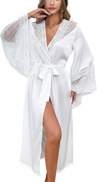 Womens Elegant White Lace Kimono Robe Satin Summer Dress Bride Lounge Sleepwear