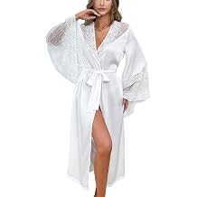 Women Elegant White Lace Kimono Robe Satin Summer Dressing Gown for Brides, Lounging, Sleepwear