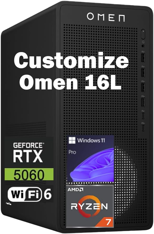 HP OMEN 16L Gaming Desktop, AMD Ryzen 7 8700F (Beats Intel i7-14700F), GeForce RTX 5060, Customizable Desktop PC, 16GB-64GB DDR5 RAM, 512GB-2TB SSD, Wi-Fi 6, Support 4-Display 4K, Windows 11 Pro