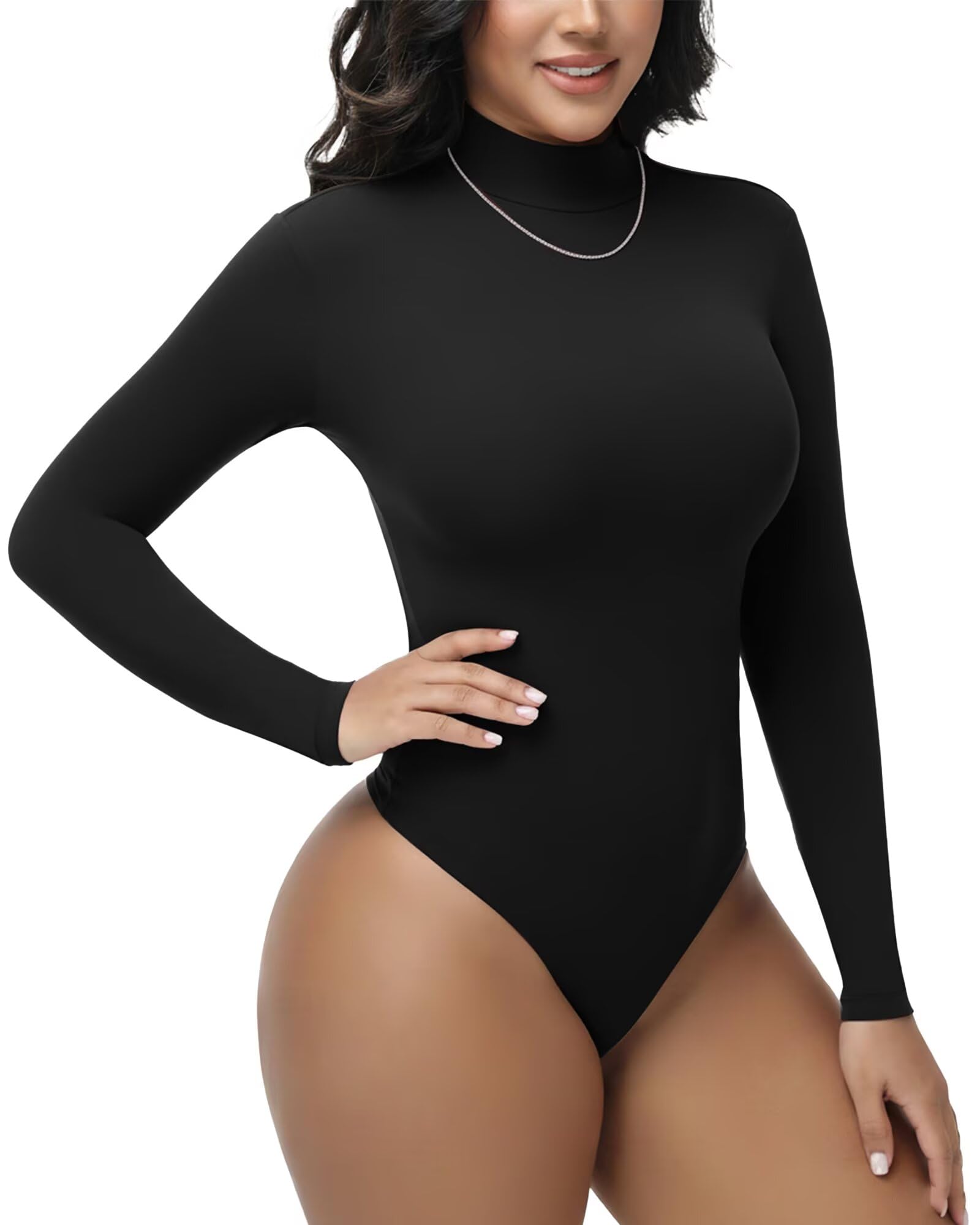 Missluck Shapewear Damen Body Langarm Bodysuit Shape Elegant Langarmbody Sexy Rundhals Oberteil mit Tanga(Schwarz-Rollkragen,S)