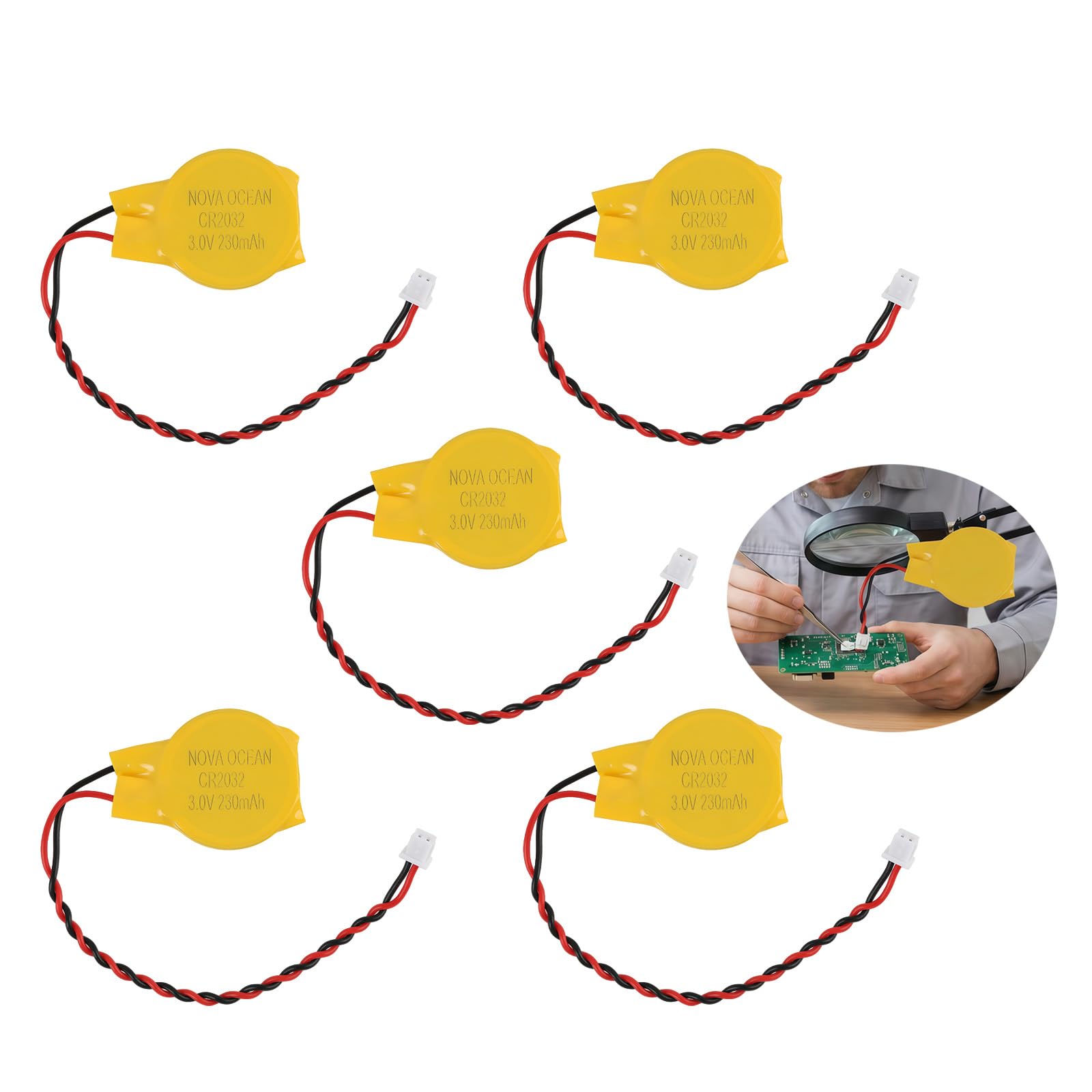 5 Pila Botón Litio CR2032 3V con Pestañas de Soldadura 240mAh – Batería no Recargable UL Certificada para Placa Base PC Portátil, Separador de Fibra de Poliéster — view 7