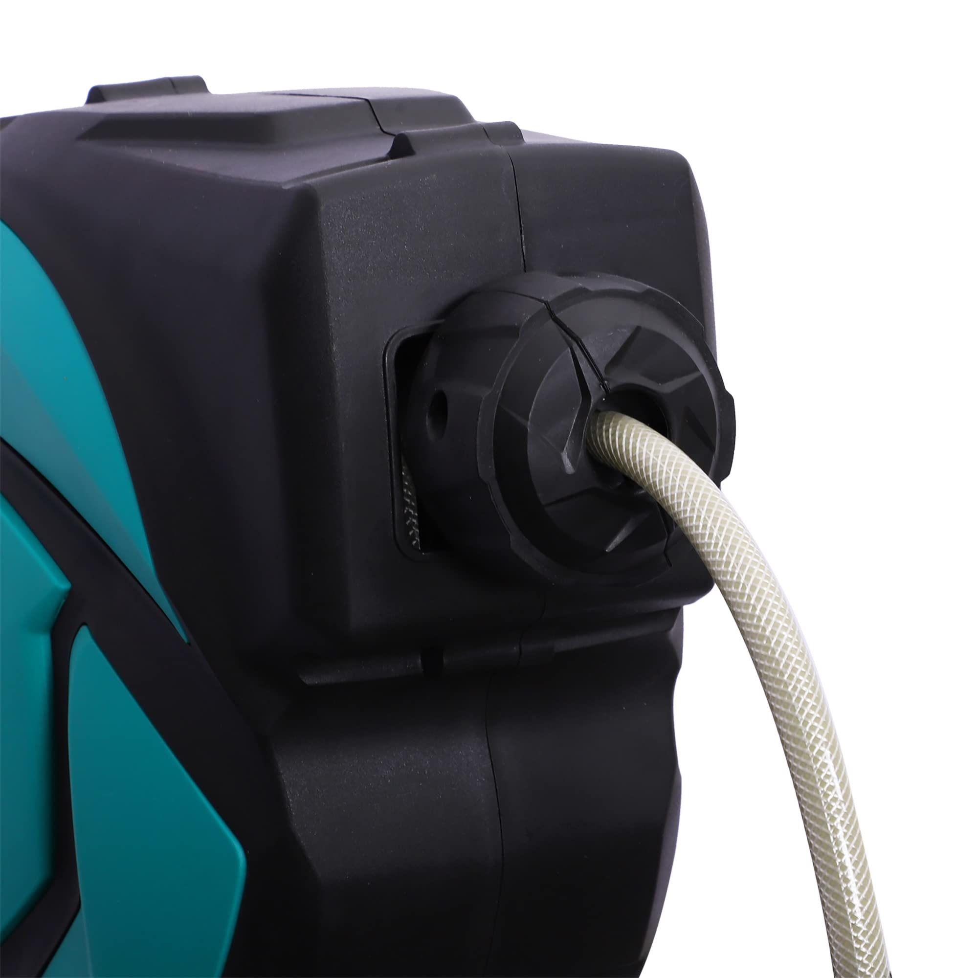 DURHAND Avvolgitubo Automatico a Parete con Tubo da 10 m Nero Azzurro | Orientabile, 7 Ugelli, Avvolgitubo in Plastica e PP, 28x14x34cm