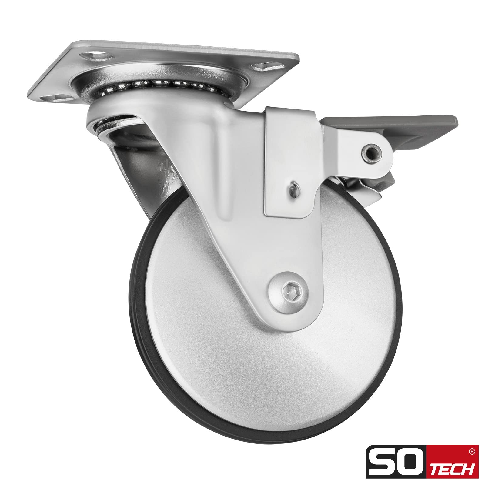 Sotech 4er Set Design-Möbelrolle LINDAU mit Bremse (Ø 75 mm, 35 Kg Tragfähigkeit pro Rolle, 360 Grad drehbar, mit Montageplatte, silbergrau) Transport-Möbelrolle, leise und bodenschonend