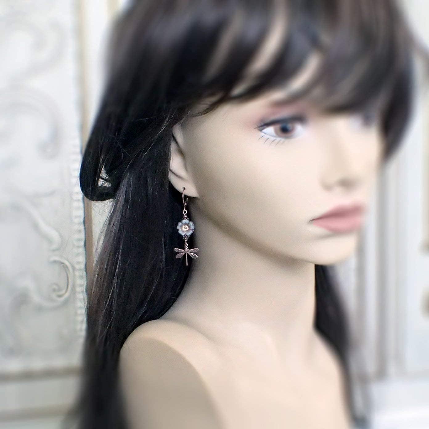 Dusty Denim Blue Flower and Dragonfly Nature Earrings