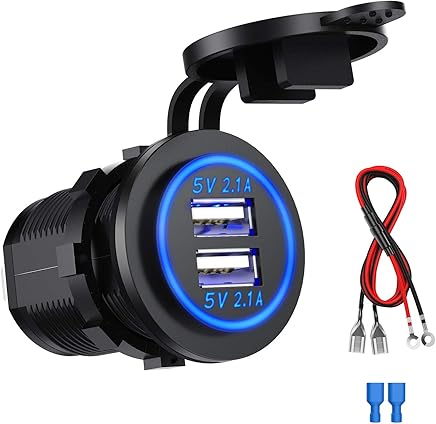 SONRU Cargador de Dos Puertos USB de 5V y 2.1A Cada Uno, con Tecnolog?a, con Capucha Impermeable y a Prueba de Polvo para Coche Autob?s Caravana Quad Motocicleta o Barco SONRU Cargador de Dos Puertos USB de 5V y 2.1A Cada Uno, con Tecnolog?a, con Capucha Impermeable y a Prueba de Polvo para Coche Autob?s Caravana Quad Motocicleta o Barco