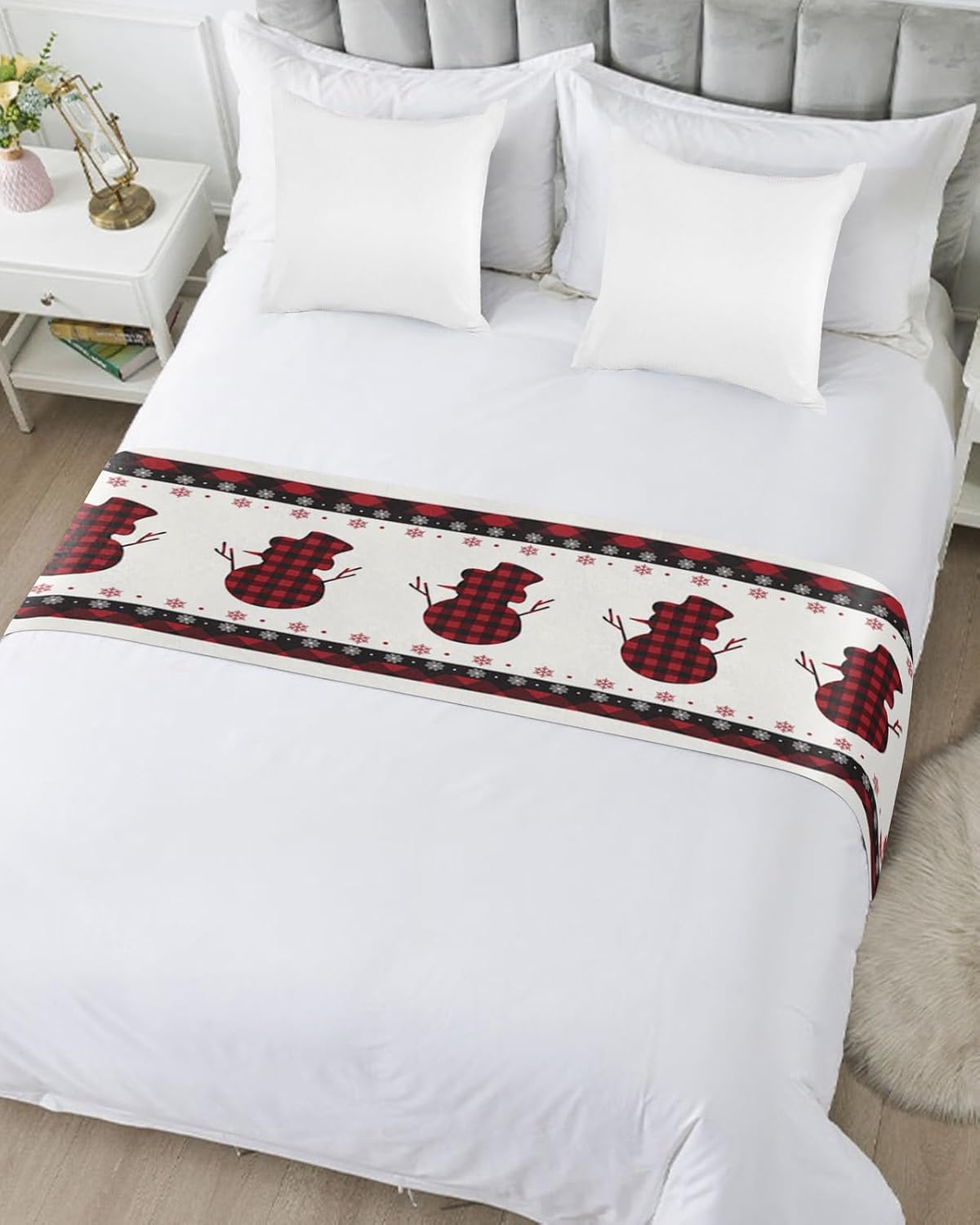 Teamery Bed Runners & Scarves, Red and Black Lattice Snowman and Background Bed Runner, Bed Scarf Protector Decorative Accent Bedding Scarf for Hotels Homes and Guestrooms, 83 x 20 inches