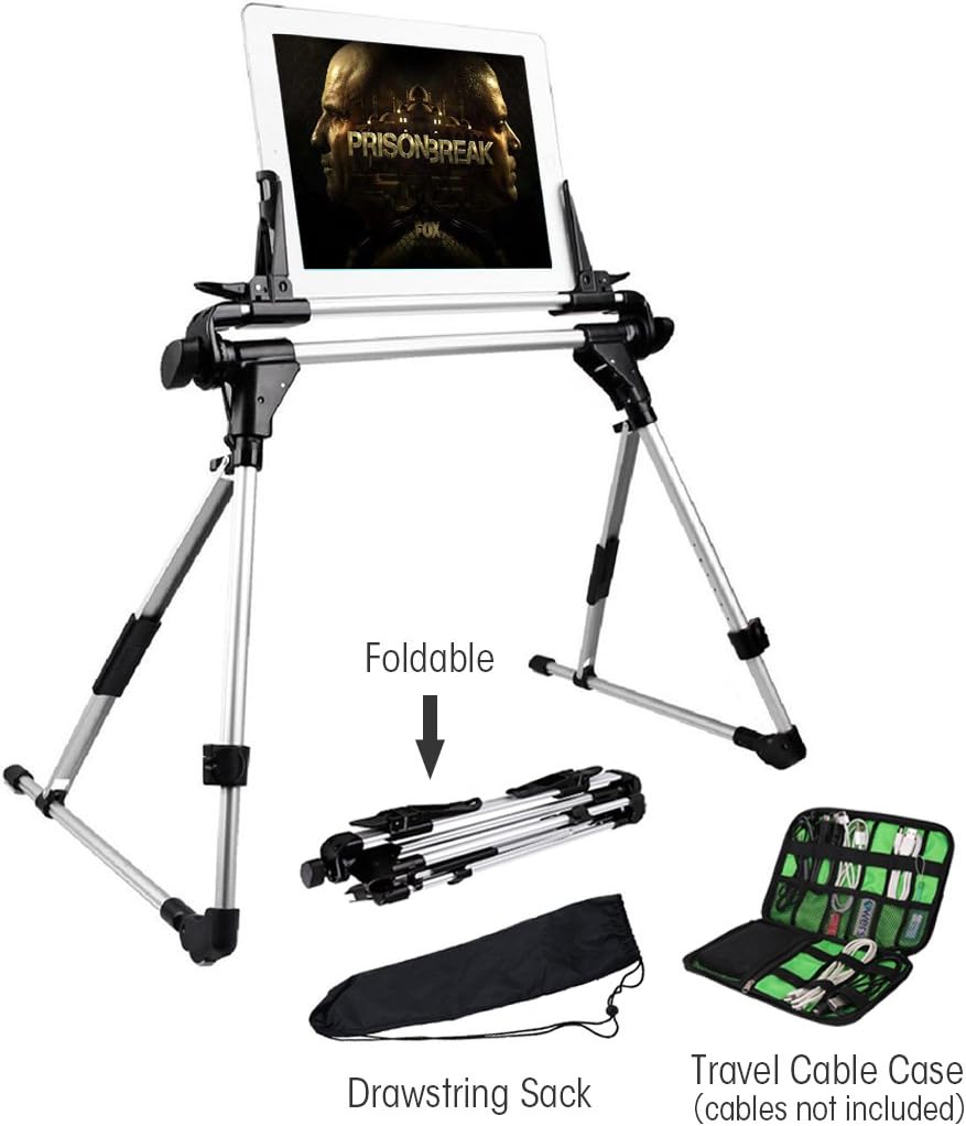 Tablet Stand for Bed, Sofa Floor, Set of 3 Includes 1x Folding Tablet Holder Adjustable for iPad, E-reader, Tablet, iPhone, Cellphone, 1xTravel Cable Bag, 1xDrawstring Sack for Indoor & Outdoor Travel