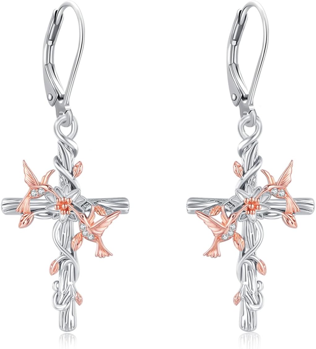 Hummingbird Dangle Earrings 925 Sterling Silver Cross Heart Flower Earrings Hummingbird Leverback Earrings Sunflower Bird Earrings Animal Earrings Mother and Daughter Earrings Hummingbird Jewelry Gift Birthday