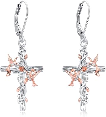 925 Sterling Silver Female Hummingbird Earrings With Cross Heart Flower Earrings 0.93 Inches Great Gift For Women Mothers Daughters Etc.