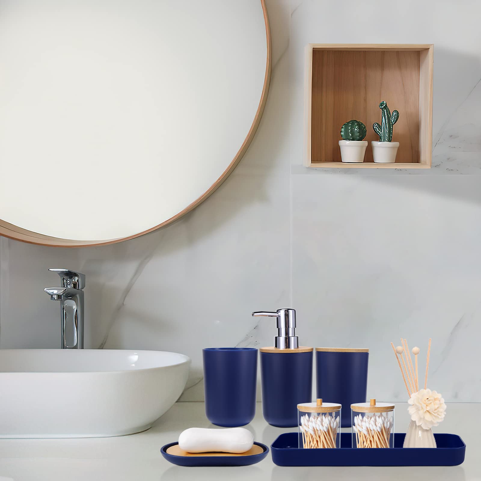 SLDIYWOW - Accesorios de baño azules, 9 accesorios de baño azul marino con cubo de basura, bandeja, dispensador de jabón, soporte para cepillos de dientes, vaso para cepillos de dientes, jabonera