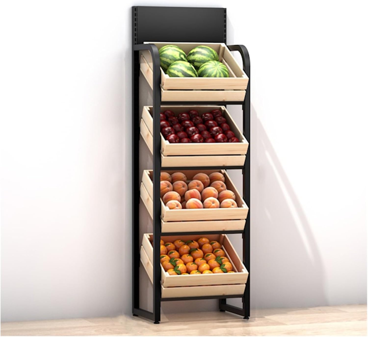 Retail Display Storage Rack，Kitchen Shelves, Supermarket Large 4 Layer Snack Fruit Vegetable Display Stand, Floor-Standing Kitchen Food Storage Rack with Solid Wood Organizer Basket, Large C