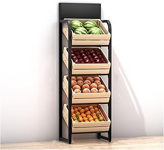 Supermarket Large 4 Layer Snack Fruit Vegetable Display Stand, Floor-Standing Kitchen Food Storage Rack with Solid Wood Organizer Basket, Large Capacity Grocery Store Shelf ( Color : Light brown , Siz