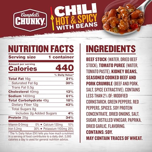Image of Campbell's Chunky Hot and Spicy Chili With Beans, 15.25 oz Microwavable Bowl (Pack of 3)