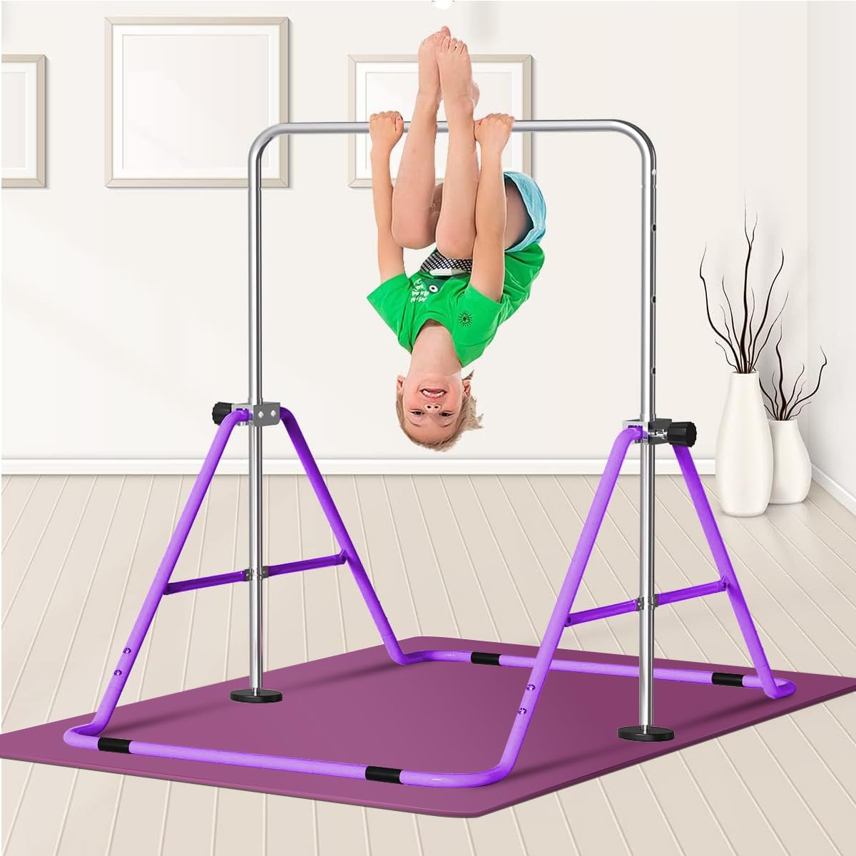 FBSPORT Barra da Ginnastica per Bambini con Altezza Regolabile Anelli Pieghevole Regolabile Espandibile Parallele Ginnastica Artistica, Ideale per Casa Junior
