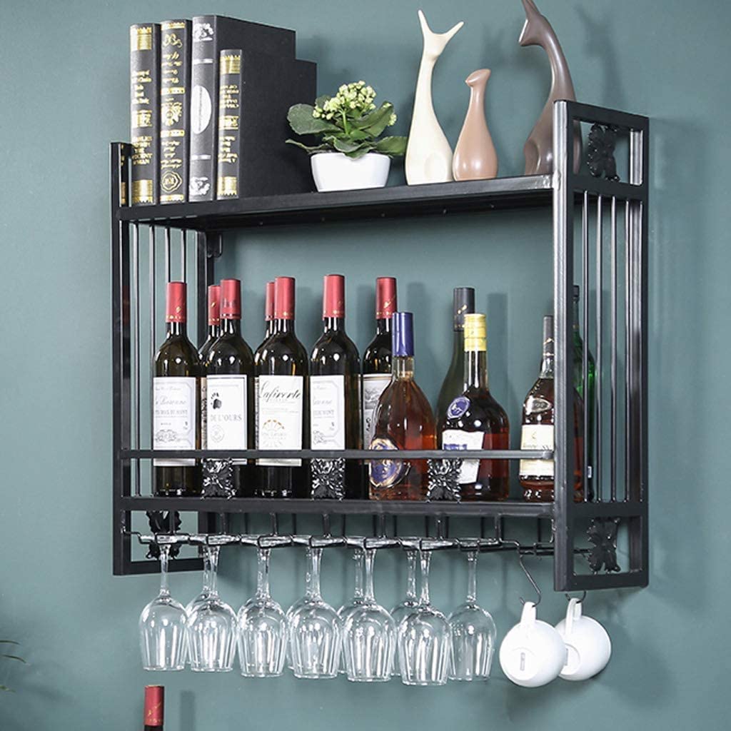 Casier à vin mural vintage en fer avec porte-verre suspendu pour salon