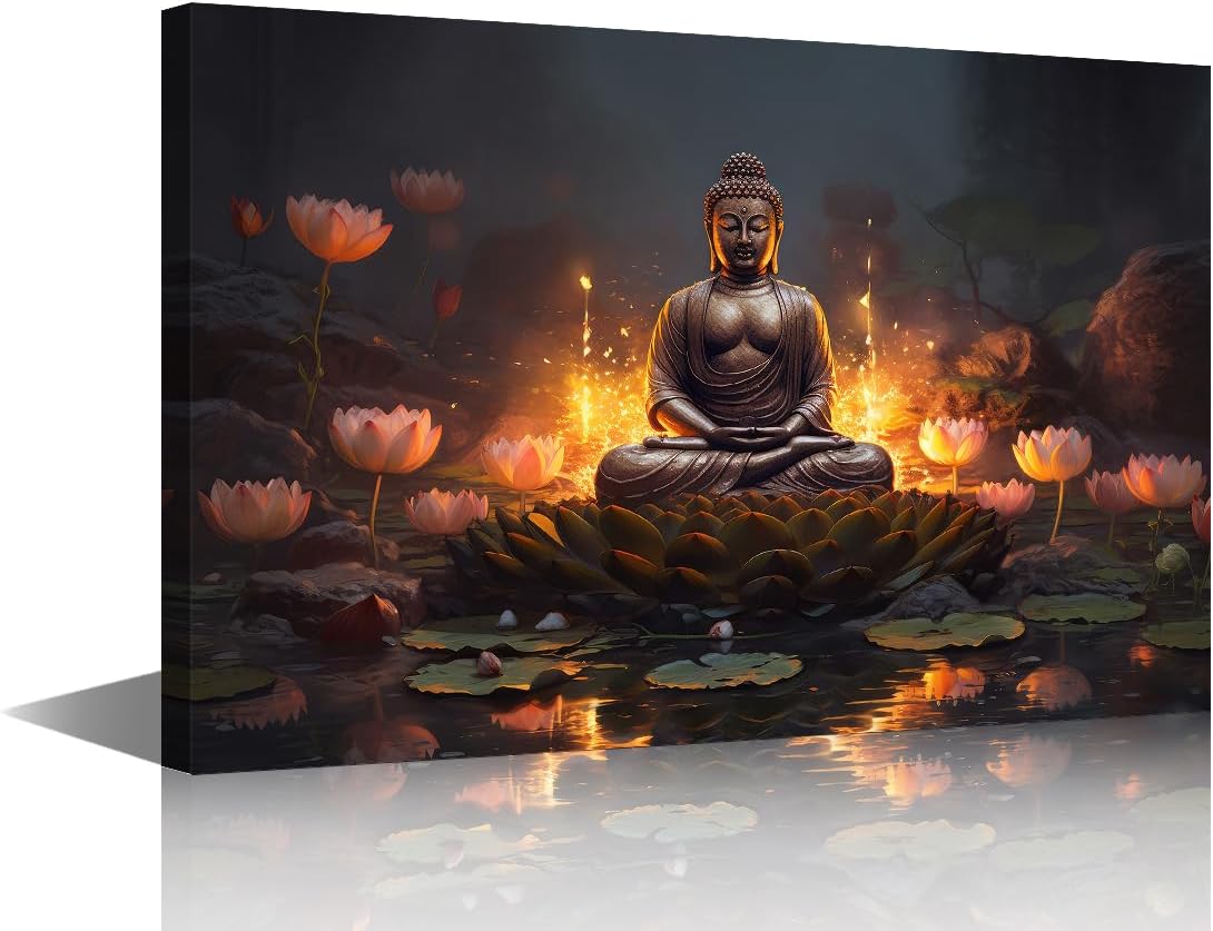 1 Panels Buddha Wall Art for Living Room Gold Buddha Statue Canvas Wall