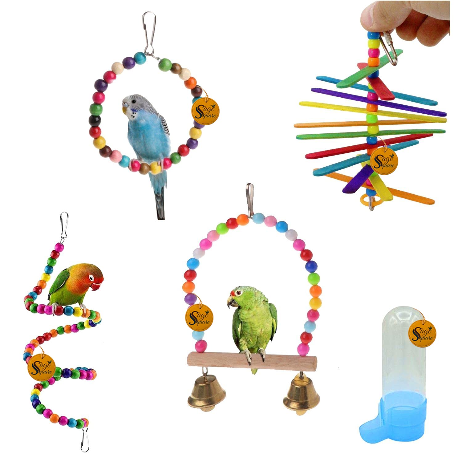 Sage Square Wooden Bird Toys Combo | Bird Feeder, Bungee Ladder, Swing, Hanging Cage Toy | for Budgie, Cockatiel, Parakeet, Conure, Macaw, Parrot (B096W16N2K) Amazon Price History, Amazon Price Tracker