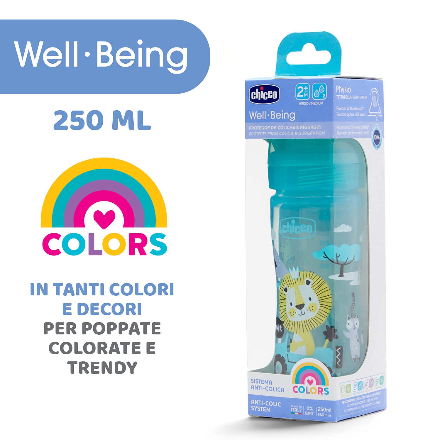 Chicco Benessere Biberon Flusso Medio in Plastica con Tettarella in Silicone, 250 ml, 120 g