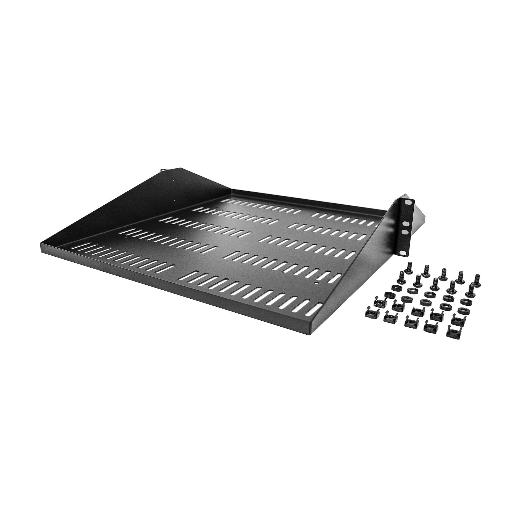 StarTech.com Półka na serwery 2U, montowana na środku, uniwersalna wentylowana taca wspornikowa do stojaka na sprzęt sieciowy 48 cm, stal wytrzymała, pojemność 90 kg, głębokość 50 cm, czarna (SHELF-2U-20-CENTER-V)