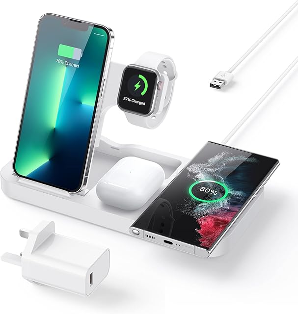 AGPTEK 4 in 1 Wireless Charging Station, 15W Foldable Wireless Charger Compatible with iPhone 13/13 Pro Max/12/12 Pro Max/11/X/XS Max/8, Apple Watch 4/5/6/7/SE, AirPods 2/3/Pro, with 30W PD Adapter