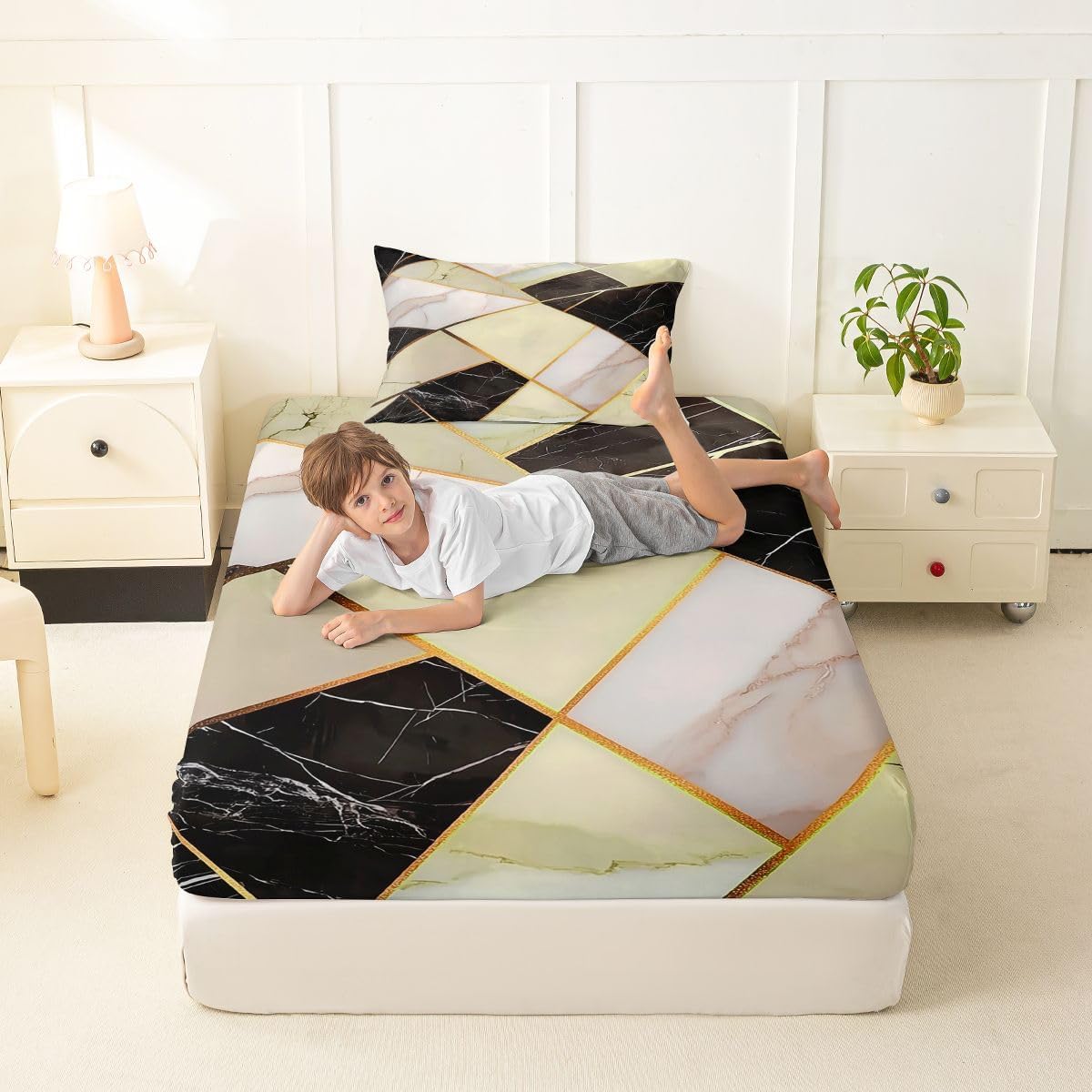 jejeloiu Marble Bed Sheets Set Twin Size Modern Aesthetic Bed Set for Kids Boys Girls Abstract Marbling Deep Pocket Fitted Sheet Breathable Soft Lightweight Microfiber