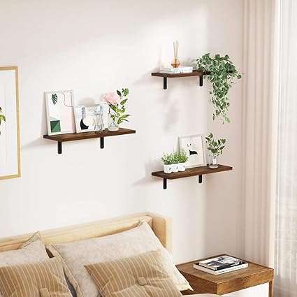 Floating Shelves, Rustic Wood Wall Mounted Shelves for Living Room, Bedroom, Kitchen, Bathroom, Brown (Set of 3)