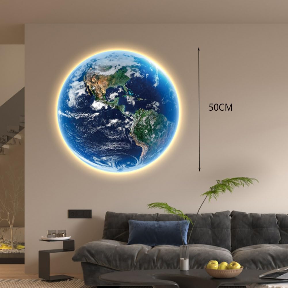 Lampa Ścienna LED Moon Pokój Dziecięcy Ściemnialna z Pilotem Okrągła Wewnętrzna Ziemna Kinkiet Dziecięca Lampka Nocna Księżycowa Lampy Nocna Nowoczesna Dekoracyjna Lampka Ścienna,50CM