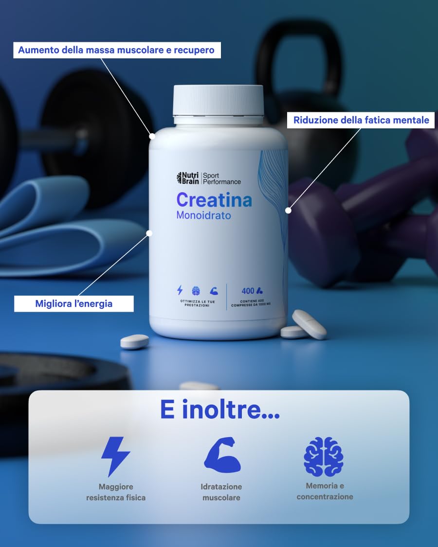 Creatina Monoidrata 3000 mg – 400 compresse | Migliora la forza, la massa muscolare, l'endurance, il recupero, l'energia e l'agilità mentale | Vegana, Senza Glutine, Senza OGM | Per Uomo e Donna