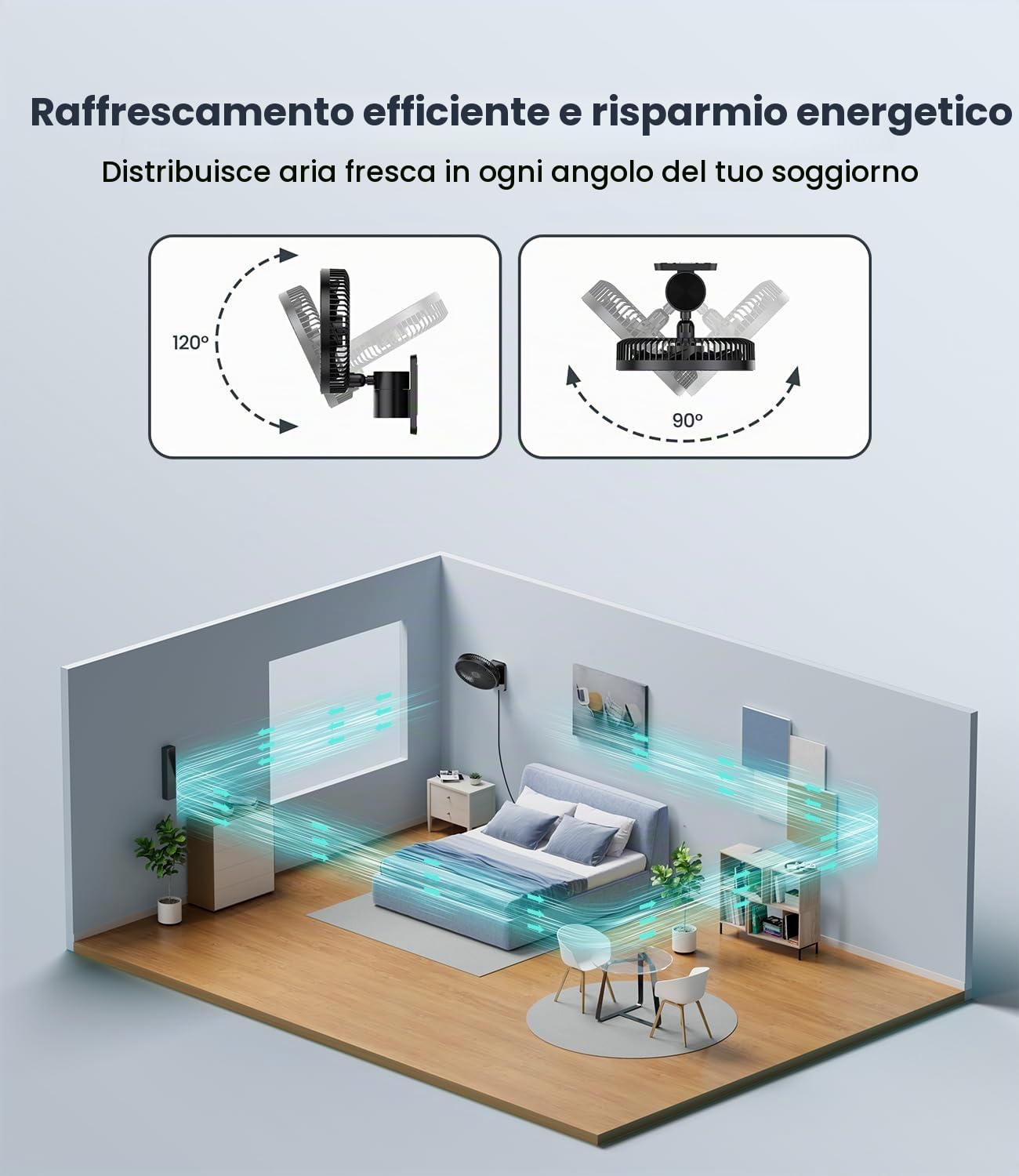 LEMOISTAR - Piccolo ventilatore da 20,3 cm con telecomando, oscillazione a 90°, 4 velocità, 4 timer, inclinazione regolabile, cavo da 70 pollici, silenzioso, per camera da letto ad angolo