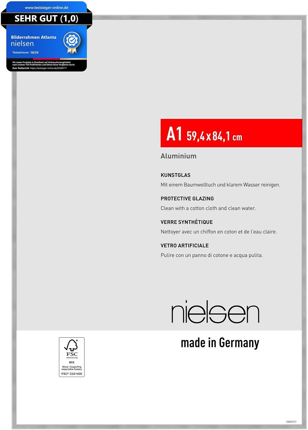 nielsen Atlanta Picture Frame 59.4 x 84.1 cm A1 Aluminium Matt Silver Poster Frame for Landscape and Portrait Format Artificial Glass