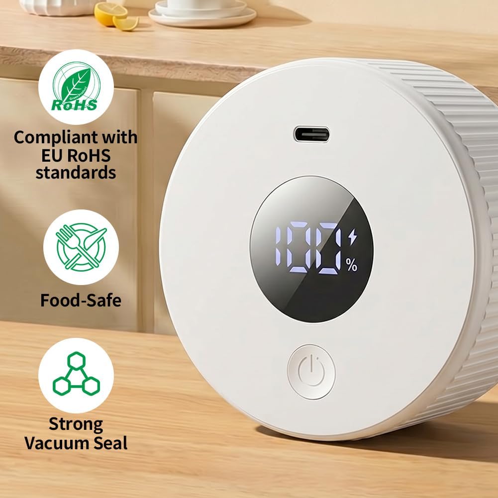 Vakuumierer für Gläser, Elektrischer Vakuumierer mit LCD Anzeige, Mini Tragbarer Mason Jar Vakuum Sealer Kabellos mit Weithals und Standardöffnung sowie für Vakuumbeutel, Weiß