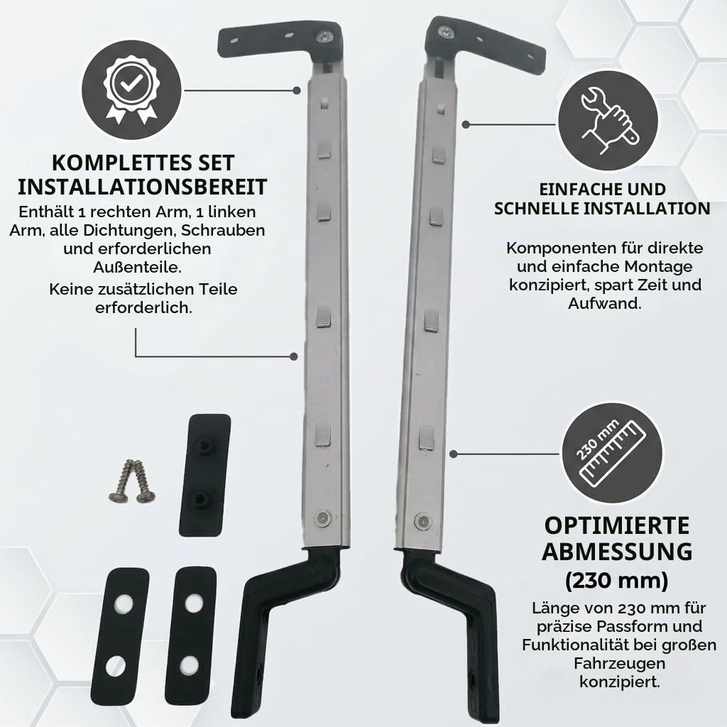 CR-MOESANCO® Kompass-Set rechts + Links für Wohnwagen, Arm für Wohnmobil-Fensterstütze, Hebestütze ohne Verschluss (230 mm)