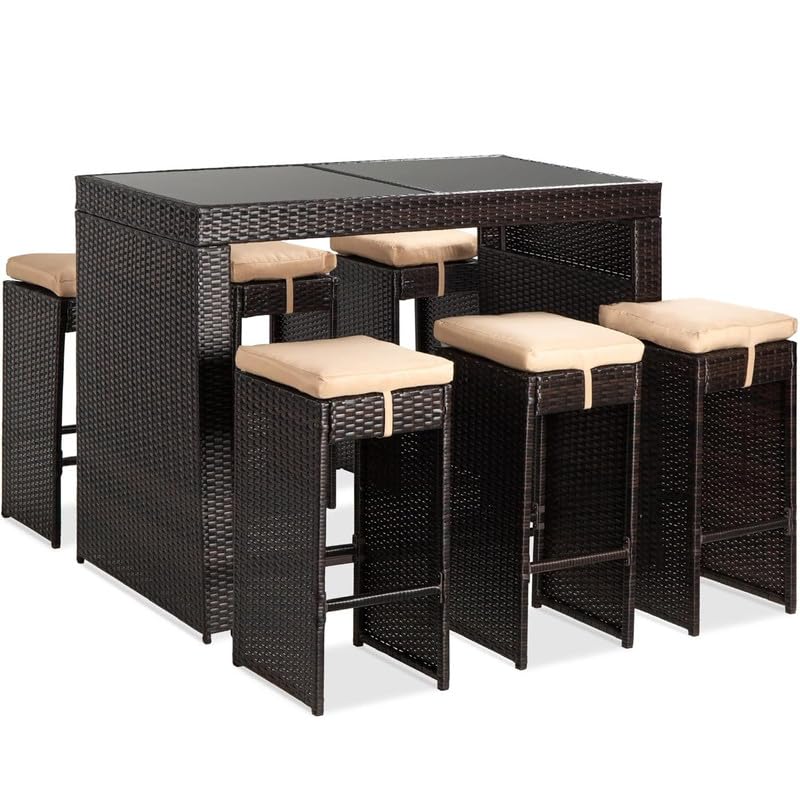 Image of OUTLIVING Patio Rattan Wicker Bar Table with Glass Top and 6 Cushioned Stools | Multipurpose 6 Seater Outdoor Bar Set Furniture for Porch, Home, Garden, Backyard, and Lawn (Brown-Cream)