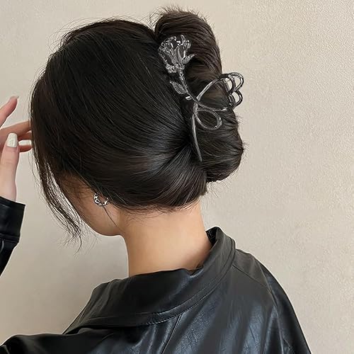 Miniatura 4 de Pinzas para el cabello con diseño de flores, clips de metal gunmetal negro con rosas, clips grandes en forma de corazón antideslizantes para el