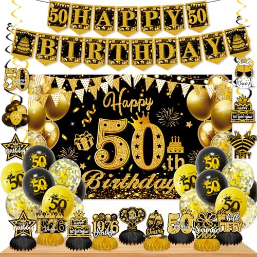 Black Gold 50th Birthday Decorations for Men and Women - 50 Years Old Birthday Party Supplies with Fabric Banner Backdrop, Balloons, Hanging Swirls, Honeycomb Centerpieces