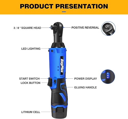 DayPlus Chiave a cricchetto a batteria da 12 V, 3/8", driver a cricchetto da 40 Nm, 2300 RPM, angolo destro di 90°, 2 batterie, 7 prese per ingegneria meccanica, compiti fai da te - 2